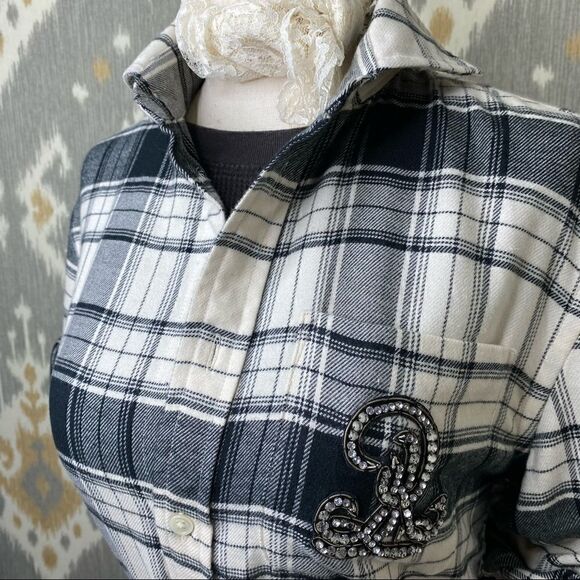 Polo Ralph Lauren Black & White Flannel Embellished Crest Button Up Blouse - Picture 9 of 16